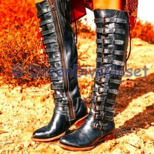 Freebird Rylan Over Knee High Buckle Strappy Navy Blue Real Leather Boots 9